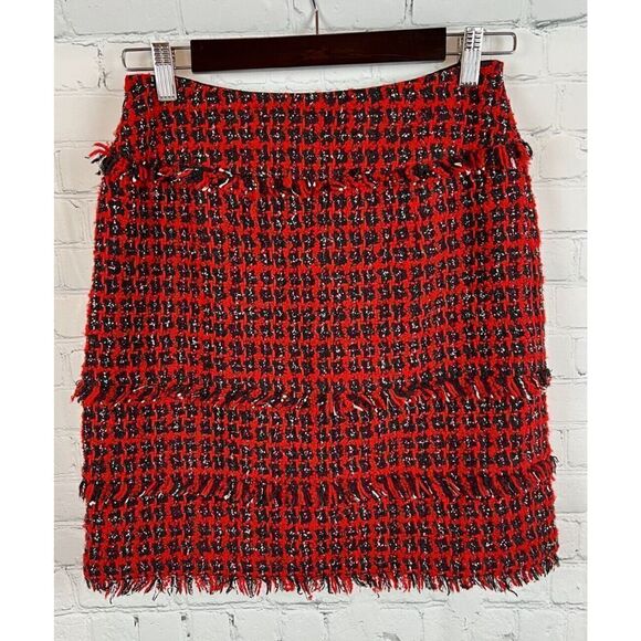 CARLISLE wool blend red black white check wrap fringe straight pencil skirt 2 - Picture 6 of 7
